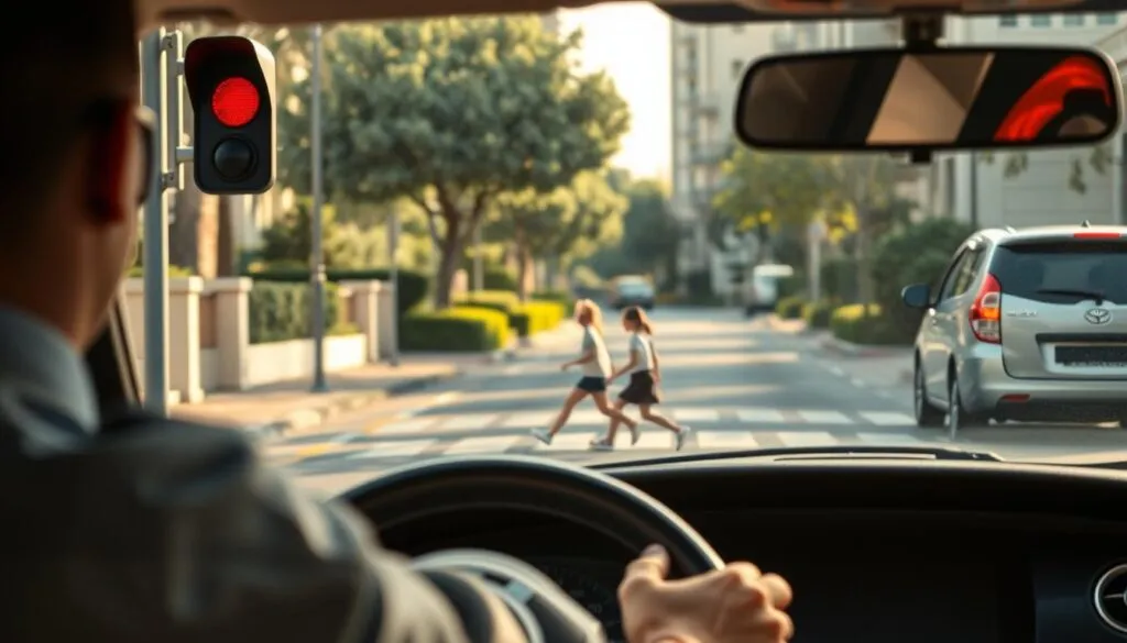 A serene urban scene showcasing the importance of safe driving, featuring a bustling street in Emirates Hills, with a vehicle stopped at a red light in the foreground, demonstrating a responsible driver in professional attire. In the middle, a family safely crossing the road at a crosswalk, highlighting the need for cautious driving. The background includes well-maintained residential buildings and lush greenery, bathed in warm afternoon sunlight that casts soft shadows, creating an inviting atmosphere. The angle should be slightly elevated, capturing the vibrancy of the community while emphasizing safety. The overall mood conveys a sense of responsibility and community mindfulness regarding road safety, encouraging viewers to reflect on the significance of safe driving practices.
