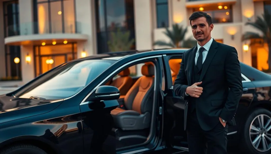 A professional chauffeur service scene featuring a sleek, luxurious black sedan parked in front of an upscale building at sunset. In the foreground, a well-dressed chauffeur, wearing a tailored black suit and a crisp white shirt, stands by the car with a welcoming posture. The middle ground showcases the open car door, revealing plush leather interior and soft ambient lighting inside. In the background, a stylish urban landscape of Jumeirah Village Circle with softly glowing lights, creating a warm yet sophisticated atmosphere. The image captures a sense of safety, elegance, and professionalism. Use natural lighting to enhance the golden hour glow, shot from a slightly low angle to emphasize the luxurious vehicle and the attentive chauffeur, conveying reliability and trust. A professional chauffeur service scene featuring a sleek, luxurious black sedan parked in front of an upscale building at sunset. In the foreground, a well-dressed chauffeur, wearing a tailored black suit and a crisp white shirt, stands by the car with a welcoming posture. The middle ground showcases the open car door, revealing plush leather interior and soft ambient lighting inside. In the background, a stylish urban landscape of Jumeirah Village Circle with softly glowing lights, creating a warm yet sophisticated atmosphere. The image captures a sense of safety, elegance, and professionalism. Use natural lighting to enhance the golden hour glow, shot from a slightly low angle to emphasize the luxurious vehicle and the attentive chauffeur, conveying reliability and trust.