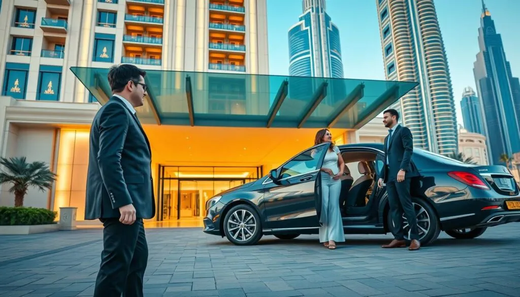 A stylish luxury car parked in front of an elegant hotel entrance in Dubai, with bright, warm lighting showcasing the hotel's intricate architecture. In the foreground, a professional driver in a crisp uniform stands by the open door, ready to assist guests with their luggage. The middle ground features a well-dressed couple, smiling as they glance at the driver, exuding a sense of comfort and readiness for a seamless travel experience. In the background, iconic Dubai skyscrapers rise against a clear blue sky, adding a touch of modernity and luxury. The overall atmosphere is one of professionalism and reliability, communicating the importance of a trustworthy hotel transfer service in a vibrant, bustling city. A stylish luxury car parked in front of an elegant hotel entrance in Dubai, with bright, warm lighting showcasing the hotel's intricate architecture. In the foreground, a professional driver in a crisp uniform stands by the open door, ready to assist guests with their luggage. The middle ground features a well-dressed couple, smiling as they glance at the driver, exuding a sense of comfort and readiness for a seamless travel experience. In the background, iconic Dubai skyscrapers rise against a clear blue sky, adding a touch of modernity and luxury. The overall atmosphere is one of professionalism and reliability, communicating the importance of a trustworthy hotel transfer service in a vibrant, bustling city.