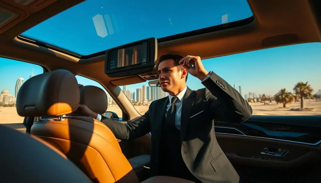 A luxurious interior of a high-end vehicle, showcasing plush leather seating and elegant wood accents, is in the foreground. A professional chauffeur in a tailored black suit and tie is adjusting the rearview mirror, exuding a sense of confidence and professionalism. The middle ground features a scenic view of the UAE skyline with iconic buildings and palm trees, highlighting the beautiful desert landscape. The background showcases a clear blue sky, with the warm sunlight casting soft shadows that add depth. The mood is refined and comfortable, portraying a seamless experience of long-distance travel. The composition should be captured with a wide-angle lens to emphasize the luxury within the vehicle while framing the picturesque UAE backdrop beautifully. A luxurious interior of a high-end vehicle, showcasing plush leather seating and elegant wood accents, is in the foreground. A professional chauffeur in a tailored black suit and tie is adjusting the rearview mirror, exuding a sense of confidence and professionalism. The middle ground features a scenic view of the UAE skyline with iconic buildings and palm trees, highlighting the beautiful desert landscape. The background showcases a clear blue sky, with the warm sunlight casting soft shadows that add depth. The mood is refined and comfortable, portraying a seamless experience of long-distance travel. The composition should be captured with a wide-angle lens to emphasize the luxury within the vehicle while framing the picturesque UAE backdrop beautifully.