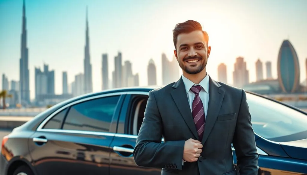 A seamless Dubai to Sharjah driver service scene featuring a professional driver in business attire, standing beside a luxury sedan. The foreground captures the driver with a welcoming smile, ready to assist passengers. In the middle ground, a modern cityscape showcases iconic Dubai architecture, such as the Burj Khalifa and the skyline, blending into Sharjah’s cultural landmarks. The background features a clear blue sky with soft sunlight illuminating the scene, creating a warm, inviting atmosphere. The image is framed with a slight depth of field to draw focus to the driver and vehicle, while capturing the vibrancy of the city. Overall, the mood is professional yet friendly, emphasizing reliability and comfort in transportation. A seamless Dubai to Sharjah driver service scene featuring a professional driver in business attire, standing beside a luxury sedan. The foreground captures the driver with a welcoming smile, ready to assist passengers. In the middle ground, a modern cityscape showcases iconic Dubai architecture, such as the Burj Khalifa and the skyline, blending into Sharjah’s cultural landmarks. The background features a clear blue sky with soft sunlight illuminating the scene, creating a warm, inviting atmosphere. The image is framed with a slight depth of field to draw focus to the driver and vehicle, while capturing the vibrancy of the city. Overall, the mood is professional yet friendly, emphasizing reliability and comfort in transportation.