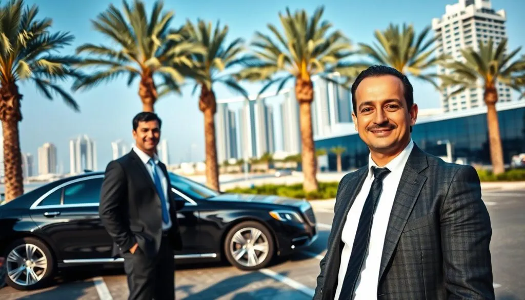 A modern and reassuring scene depicting a safe transportation service in Dubai Marina. In the foreground, a professional driver in a smart business suit stands beside a sleek, black luxury sedan, exuding confidence and trust. The middle ground shows a well-maintained parking area with palm trees and modern buildings reflecting Dubai's skyline in the background, under a clear blue sky. Soft natural lighting enhances the image, casting gentle shadows that create a serene atmosphere. The angle captures the driver smiling, ready to assist passengers, conveying a sense of security and professionalism. The overall mood is calm and inviting, emphasizing the importance of safe driving services in this vibrant urban environment.