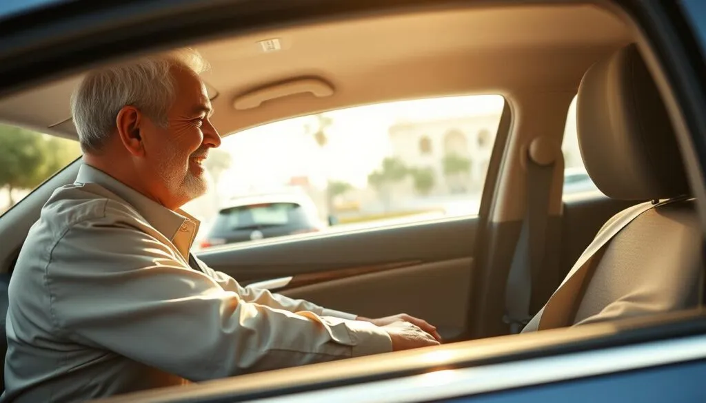 A warm and serene scene depicting the benefits of a Comfort Driver service for senior citizens in the UAE. In the foreground, a middle-aged male Comfort Driver, dressed in professional attire, assists a cheerful elderly woman into a comfortable, spacious car. The driver is smiling, embodying friendliness and reliability. In the middle ground, a well-maintained urban environment reflects a sense of safety and accessibility, with subtle hints of traditional Emirati architecture in the background. Soft, natural lighting filters through, creating a welcoming atmosphere. The angle captures the interaction between driver and passenger, emphasizing trust and care. The mood is uplifting and reassuring, ideal for illustrating the supportive experience of senior citizens utilizing this service. A warm and serene scene depicting the benefits of a Comfort Driver service for senior citizens in the UAE. In the foreground, a middle-aged male Comfort Driver, dressed in professional attire, assists a cheerful elderly woman into a comfortable, spacious car. The driver is smiling, embodying friendliness and reliability. In the middle ground, a well-maintained urban environment reflects a sense of safety and accessibility, with subtle hints of traditional Emirati architecture in the background. Soft, natural lighting filters through, creating a welcoming atmosphere. The angle captures the interaction between driver and passenger, emphasizing trust and care. The mood is uplifting and reassuring, ideal for illustrating the supportive experience of senior citizens utilizing this service.