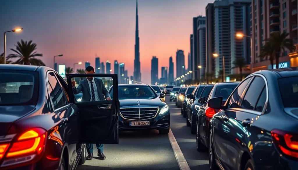 A vibrant cityscape of Dubai at dusk, showcasing a well-lit street filled with luxury vehicles and professional drivers in business attire. In the foreground, an attentive driver is opening the door of a premium sedan for a well-dressed passenger, symbolizing safety and reliability. The middle ground features a collection of other safe driver services vehicles, parked neatly, illuminated by soft street lights. In the background, iconic Dubai landmarks like the Burj Khalifa and a clear twilight sky add depth and context. The scene is warm and inviting, conveying a sense of trust and professionalism, with a focus on the importance of safe driver services in fostering a secure environment for commuters. The image captures the essence of luxury transport in a bustling metropolitan area. A vibrant cityscape of Dubai at dusk, showcasing a well-lit street filled with luxury vehicles and professional drivers in business attire. In the foreground, an attentive driver is opening the door of a premium sedan for a well-dressed passenger, symbolizing safety and reliability. The middle ground features a collection of other safe driver services vehicles, parked neatly, illuminated by soft street lights. In the background, iconic Dubai landmarks like the Burj Khalifa and a clear twilight sky add depth and context. The scene is warm and inviting, conveying a sense of trust and professionalism, with a focus on the importance of safe driver services in fostering a secure environment for commuters. The image captures the essence of luxury transport in a bustling metropolitan area.