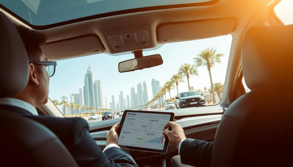 A busy urban scene in Dubai showcasing the concept of safe driving costs. In the foreground, a professional driver in business attire, confidently seated in a modern vehicle, examining a tablet displaying costs and metrics related to safe driving services. The middle ground features a clear view of Dubai's iconic skyline, with tall skyscrapers and palm trees, under a bright blue sky. In the background, a bustling street with other vehicles and pedestrians, emphasizing a sense of activity and safety. The lighting is bright and sunny, creating a warm, inviting mood. The angle is slightly elevated, capturing the dynamics of the scene while focusing on the driver and the high-tech environment, evoking a sense of professionalism and reliability. A busy urban scene in Dubai showcasing the concept of safe driving costs. In the foreground, a professional driver in business attire, confidently seated in a modern vehicle, examining a tablet displaying costs and metrics related to safe driving services. The middle ground features a clear view of Dubai's iconic skyline, with tall skyscrapers and palm trees, under a bright blue sky. In the background, a bustling street with other vehicles and pedestrians, emphasizing a sense of activity and safety. The lighting is bright and sunny, creating a warm, inviting mood. The angle is slightly elevated, capturing the dynamics of the scene while focusing on the driver and the high-tech environment, evoking a sense of professionalism and reliability.