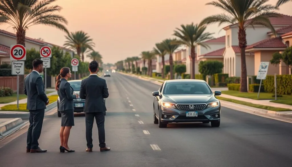 A serene suburban road scene in Arabian Ranches, showcasing the importance of driving safety. In the foreground, a diverse group of three individuals dressed in professional business attire discusses safe driving practices near a parked car, embodying a sense of community awareness. The middle ground features a well-maintained road with clear signage indicating speed limits and safety tips, along with a safe driving instructional poster subtly placed. In the background, lush greenery and modern houses create a friendly neighborhood ambiance, illuminated by soft, warm evening light. The image should convey a mood of vigilance and responsibility, emphasizing the serene importance of safe driving without distractions or chaos, captured with a slight low-angle perspective to create depth and focus on the subjects. A serene suburban road scene in Arabian Ranches, showcasing the importance of driving safety. In the foreground, a diverse group of three individuals dressed in professional business attire discusses safe driving practices near a parked car, embodying a sense of community awareness. The middle ground features a well-maintained road with clear signage indicating speed limits and safety tips, along with a safe driving instructional poster subtly placed. In the background, lush greenery and modern houses create a friendly neighborhood ambiance, illuminated by soft, warm evening light. The image should convey a mood of vigilance and responsibility, emphasizing the serene importance of safe driving without distractions or chaos, captured with a slight low-angle perspective to create depth and focus on the subjects.