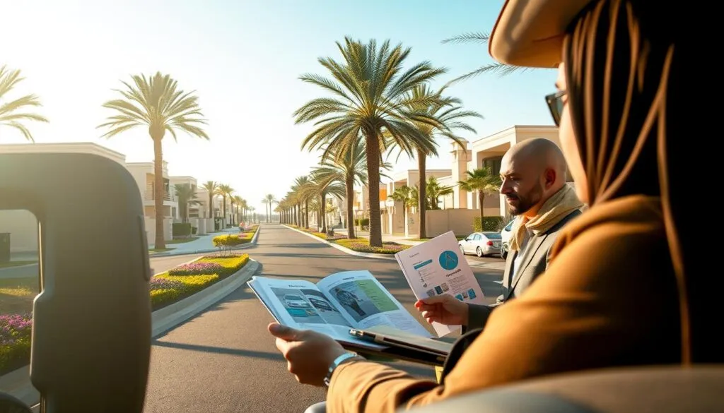 A serene scene depicting safe driving in Arabian Ranches. In the foreground, a diverse group of individuals in professional business attire is attentively examining a driving manual and discussing safe driving techniques. The middle ground features a well-maintained residential road lined with palm trees and colorful flowers, leading to modern houses that embody Arabian architectural aesthetics. In the background, soft golden sunlight bathes the streets, casting gentle shadows. The atmosphere is peaceful and focused, emphasizing community and safety. The lens captures the scene at eye level, showcasing the drivers' attentive demeanor, while a clear blue sky above enhances the tranquil environment. This image highlights the importance of responsible driving in this picturesque locale. A serene scene depicting safe driving in Arabian Ranches. In the foreground, a diverse group of individuals in professional business attire is attentively examining a driving manual and discussing safe driving techniques. The middle ground features a well-maintained residential road lined with palm trees and colorful flowers, leading to modern houses that embody Arabian architectural aesthetics. In the background, soft golden sunlight bathes the streets, casting gentle shadows. The atmosphere is peaceful and focused, emphasizing community and safety. The lens captures the scene at eye level, showcasing the drivers' attentive demeanor, while a clear blue sky above enhances the tranquil environment. This image highlights the importance of responsible driving in this picturesque locale.