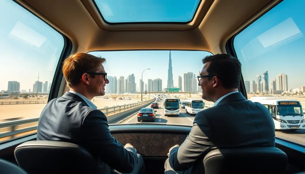 A vibrant scene depicting the daily commute needs in the UAE, showcasing a diverse group of professionals traveling from Dubai to Sharjah. In the foreground, a stylish, modern vehicle with a panoramic window, featuring two individuals in professional business attire, engaged in a friendly conversation. The middle ground showcases a busy highway with multiple vehicles, including cars and buses, reflecting the bustling commute. To the background, the iconic skyline of Dubai is visible with tall skyscrapers and the Burj Khalifa, under a clear blue sky. Soft, natural sunlight illuminates the scene, enhancing the mood of productivity and collaboration. Capture the image from a slightly elevated angle to offer a comprehensive view of the commuting landscape, conveying a sense of movement and purpose in the UAE's vibrant daily life. A vibrant scene depicting the daily commute needs in the UAE, showcasing a diverse group of professionals traveling from Dubai to Sharjah. In the foreground, a stylish, modern vehicle with a panoramic window, featuring two individuals in professional business attire, engaged in a friendly conversation. The middle ground showcases a busy highway with multiple vehicles, including cars and buses, reflecting the bustling commute. To the background, the iconic skyline of Dubai is visible with tall skyscrapers and the Burj Khalifa, under a clear blue sky. Soft, natural sunlight illuminates the scene, enhancing the mood of productivity and collaboration. Capture the image from a slightly elevated angle to offer a comprehensive view of the commuting landscape, conveying a sense of movement and purpose in the UAE's vibrant daily life.
