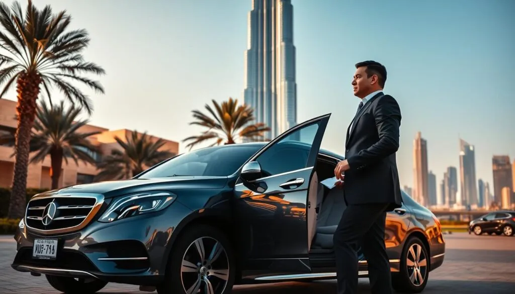 A luxurious scene depicting premium travel in Dubai, showcasing a stylish private vehicle parked in front of the iconic Burj Khalifa. In the foreground, an elegantly dressed driver in professional attire opens the car door, exuding professionalism and hospitality. The middle ground features the stunning architecture of Dubai, with modern skyscrapers and palm trees under a clear blue sky. In the background, a glimpse of the vibrant city skyline enhances the atmosphere of opulence. Warm, soft lighting casts a golden hue, suggesting a late afternoon ambiance. Capture the mood of luxury, exclusivity, and comfort, transporting the viewer into an unforgettable travel experience in Dubai. A luxurious scene depicting premium travel in Dubai, showcasing a stylish private vehicle parked in front of the iconic Burj Khalifa. In the foreground, an elegantly dressed driver in professional attire opens the car door, exuding professionalism and hospitality. The middle ground features the stunning architecture of Dubai, with modern skyscrapers and palm trees under a clear blue sky. In the background, a glimpse of the vibrant city skyline enhances the atmosphere of opulence. Warm, soft lighting casts a golden hue, suggesting a late afternoon ambiance. Capture the mood of luxury, exclusivity, and comfort, transporting the viewer into an unforgettable travel experience in Dubai.