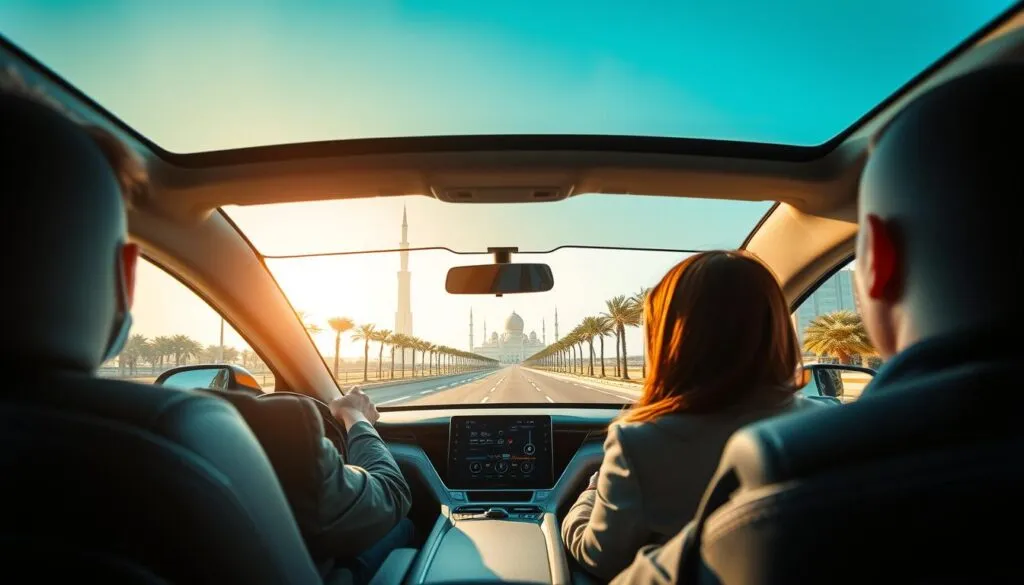 A scenic view capturing the seamless travel experience between Dubai and Abu Dhabi. In the foreground, a sleek, modern vehicle showcases a comfortable interior with professional passengers dressed in business attire, expressing relaxation and connectivity. In the middle ground, a smooth highway lined with palm trees leads toward iconic landmarks like the Burj Khalifa and the Sheikh Zayed Grand Mosque, symbolizing the journey between the two cities. The background features a clear blue sky with soft, natural sunlight enhancing the vibrancy of the scene. Use a wide-angle lens to create depth and an inviting atmosphere, conveying a sense of professionalism and ease in traveling across the UAE. A scenic view capturing the seamless travel experience between Dubai and Abu Dhabi. In the foreground, a sleek, modern vehicle showcases a comfortable interior with professional passengers dressed in business attire, expressing relaxation and connectivity. In the middle ground, a smooth highway lined with palm trees leads toward iconic landmarks like the Burj Khalifa and the Sheikh Zayed Grand Mosque, symbolizing the journey between the two cities. The background features a clear blue sky with soft, natural sunlight enhancing the vibrancy of the scene. Use a wide-angle lens to create depth and an inviting atmosphere, conveying a sense of professionalism and ease in traveling across the UAE.