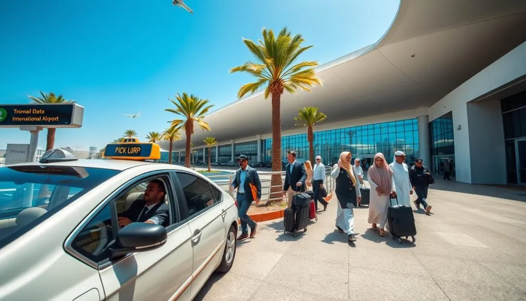 A vibrant scene showcasing the bustling transportation hub of Dubai International Airport. In the foreground, a sleek, modern taxi with a driver in professional attire is waiting near a designated pick-up area. The middle ground features a striking view of the airport terminal, with travelers of diverse backgrounds in business attire and modest casual clothing navigating through the space, carrying luggage. The background reveals iconic Dubai architecture and vibrant palm trees under a clear blue sky. The scene is illuminated with bright, natural sunlight reflecting off polished surfaces, capturing the dynamic atmosphere of international travel. The angle focuses on the interplay of movement and structure, conveying a sense of efficiency and excitement in Dubai's airport transportation system.