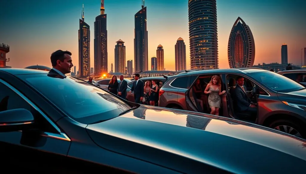 A luxurious Dubai cityscape at sunset, showcasing a premium driver experience. In the foreground, a sleek, high-end luxury car with polished chrome accents parked beside an elegantly dressed driver in professional attire, waiting graciously. The middle ground features a vivacious crowd of happy passengers stepping out of stylish vehicles, exuding joy and satisfaction. In the background, iconic skyscrapers adorned with twinkling lights, blending modern architecture with traditional design elements, creating an atmosphere of opulence. The lighting is warm, casting a golden hue over the scene, enhancing the feeling of exclusivity. Capture this moment from a slightly low angle to emphasize the grandeur of the vehicles and the skyline, encapsulating the mood of luxury and comfort in the heart of Dubai.