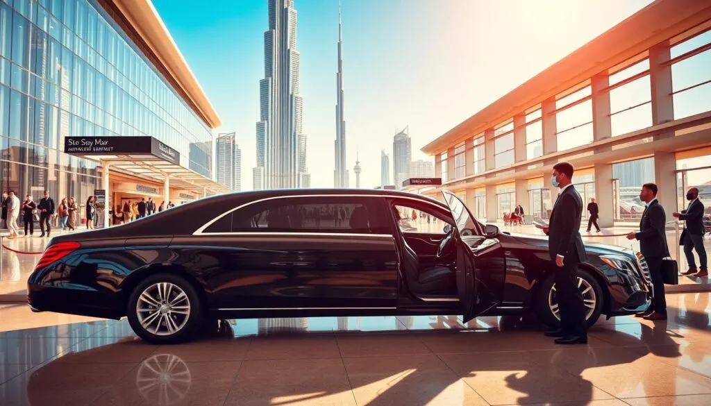 A luxurious scene showcasing a high-end airport chauffeur service in Dubai. In the foreground, a sleek black luxury sedan is parked elegantly, with well-dressed chauffeurs in professional attire standing beside it, ready to assist passengers. The middle ground features a bustling airport terminal with travelers dressed in smart, modest casual clothing, and shimmering glass architecture that reflects sunlight. In the background, iconic Dubai skyscrapers like the Burj Khalifa soar against a clear blue sky, emphasizing the city’s modern elegance. The lighting is bright and warm, highlighting the opulence of the setting, with a focus on the plush interiors of the vehicle. The atmosphere conveys sophistication and the excitement of seamless luxury travel.