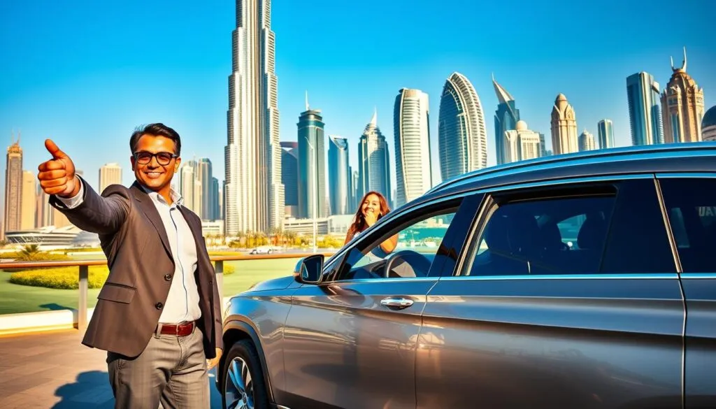 A vibrant scene depicting a guided tour in Dubai, showcasing a modern SUV parked in a glamorous cityscape. In the foreground, a friendly, professional tour guide in smart casual attire gestures towards iconic landmarks, like the Burj Khalifa and the Dubai Mall. In the middle ground, a couple of diverse tourists marveling at the architectural splendor, with enthusiasm and curiosity evident on their faces. The background features a clear blue sky and the stunning skyline of Dubai, sparkling under the warm afternoon sunlight. The mood is energetic, showcasing the excitement of exploring the city’s highlights in just one day. The image is captured from a slightly elevated angle, utilizing natural lighting to enhance the vivid colors and details of this dynamic urban environment. A vibrant scene depicting a guided tour in Dubai, showcasing a modern SUV parked in a glamorous cityscape. In the foreground, a friendly, professional tour guide in smart casual attire gestures towards iconic landmarks, like the Burj Khalifa and the Dubai Mall. In the middle ground, a couple of diverse tourists marveling at the architectural splendor, with enthusiasm and curiosity evident on their faces. The background features a clear blue sky and the stunning skyline of Dubai, sparkling under the warm afternoon sunlight. The mood is energetic, showcasing the excitement of exploring the city’s highlights in just one day. The image is captured from a slightly elevated angle, utilizing natural lighting to enhance the vivid colors and details of this dynamic urban environment.