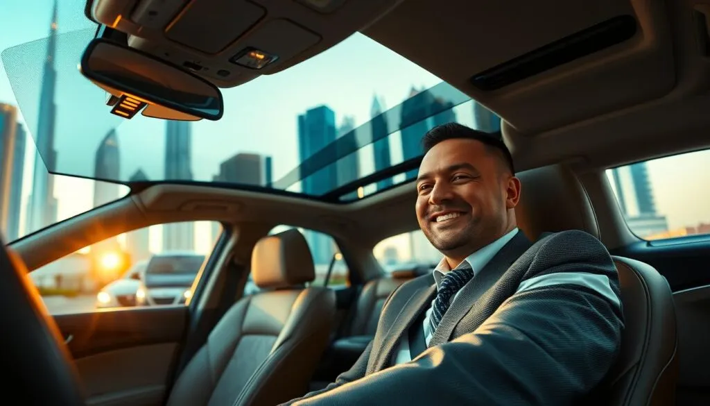 A luxurious, comfortable vehicle driving smoothly through the vibrant streets of Dubai, showcasing the iconic skyline in the background, including the Burj Khalifa and modern high-rises. In the foreground, a professional driver in smart attire is seated, with a warm, welcoming smile, emphasizing the personal touch of high-quality service. Soft ambient lighting creates an inviting atmosphere, while the late afternoon sun casts a golden hue, enhancing the elegance of the scene. The angle captures both the driver and the luxurious interior of the vehicle, highlighting plush leather seats and modern amenities, evoking a sense of relaxation and sophistication. The overall mood is tranquil and upscale, ideal for illustrating the luxury transportation experience in Dubai. A luxurious, comfortable vehicle driving smoothly through the vibrant streets of Dubai, showcasing the iconic skyline in the background, including the Burj Khalifa and modern high-rises. In the foreground, a professional driver in smart attire is seated, with a warm, welcoming smile, emphasizing the personal touch of high-quality service. Soft ambient lighting creates an inviting atmosphere, while the late afternoon sun casts a golden hue, enhancing the elegance of the scene. The angle captures both the driver and the luxurious interior of the vehicle, highlighting plush leather seats and modern amenities, evoking a sense of relaxation and sophistication. The overall mood is tranquil and upscale, ideal for illustrating the luxury transportation experience in Dubai.