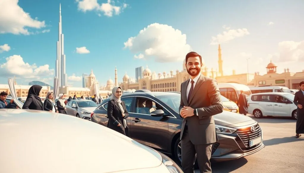 A vibrant scene showcasing affordable transportation options in Dubai, featuring a diverse group of professional individuals in modest business attire gathered around a sleek, modern vehicle. In the foreground, a friendly driver stands by the car, gesturing towards it with a welcoming smile. The middle ground highlights various affordable transportation solutions, such as ride-sharing cars and small buses with a backdrop of iconic Dubai architecture, like the Burj Khalifa and traditional souks. In the background, a bright blue sky with fluffy white clouds complements the bustling urban atmosphere. Soft, warm lighting illuminates the scene, creating an inviting and safe environment, emphasizing accessibility and community-focused service. The overall mood is optimistic and trustworthy, reflecting the concept of affordable safe driver services in Dubai. A vibrant scene showcasing affordable transportation options in Dubai, featuring a diverse group of professional individuals in modest business attire gathered around a sleek, modern vehicle. In the foreground, a friendly driver stands by the car, gesturing towards it with a welcoming smile. The middle ground highlights various affordable transportation solutions, such as ride-sharing cars and small buses with a backdrop of iconic Dubai architecture, like the Burj Khalifa and traditional souks. In the background, a bright blue sky with fluffy white clouds complements the bustling urban atmosphere. Soft, warm lighting illuminates the scene, creating an inviting and safe environment, emphasizing accessibility and community-focused service. The overall mood is optimistic and trustworthy, reflecting the concept of affordable safe driver services in Dubai.
