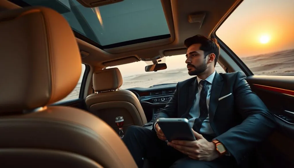 A cozy interior of a luxury vehicle, showcasing an elegant driver’s seat with soft leather upholstery and plush, inviting textures. In the foreground, a professional male driver in a smart business suit, attentively watching the road, embodies confidence and comfort. The middle ground features a spacious cabin with ambient lighting that highlights the serene environment, along with refreshments and a tablet displaying a navigation app. The background reveals a scenic view of the UAE's arid landscape, with distant sand dunes and a setting sun casting a warm golden glow across the horizon. The overall mood is relaxed and sophisticated, emphasizing the high level of comfort and professionalism in long-distance driver services, captured from a slight angle that invites the viewer into this luxurious experience. A cozy interior of a luxury vehicle, showcasing an elegant driver’s seat with soft leather upholstery and plush, inviting textures. In the foreground, a professional male driver in a smart business suit, attentively watching the road, embodies confidence and comfort. The middle ground features a spacious cabin with ambient lighting that highlights the serene environment, along with refreshments and a tablet displaying a navigation app. The background reveals a scenic view of the UAE's arid landscape, with distant sand dunes and a setting sun casting a warm golden glow across the horizon. The overall mood is relaxed and sophisticated, emphasizing the high level of comfort and professionalism in long-distance driver services, captured from a slight angle that invites the viewer into this luxurious experience.