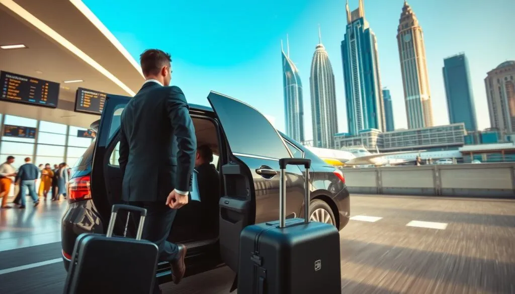 A dynamic scene depicting the importance of airport transfers from Dubai to Abu Dhabi. In the foreground, a professional, well-dressed business person, carrying a suitcase, is entering a sleek, modern vehicle with a driver dressed in formal attire, ready to assist. The middle layer includes a bustling airport terminal with travelers checking in and an information board displaying flight details, infused with a sense of urgency. In the background, the iconic skyline of Dubai, featuring towering skyscrapers under a clear blue sky, adds to the atmosphere, suggesting rapid movement. Soft, natural lighting enhances the scene, creating a welcoming ambience. The perspective is slightly angled, emphasizing the seamless transition from the airport to the vehicle, illustrating the reliability and efficiency of airport transfers. A dynamic scene depicting the importance of airport transfers from Dubai to Abu Dhabi. In the foreground, a professional, well-dressed business person, carrying a suitcase, is entering a sleek, modern vehicle with a driver dressed in formal attire, ready to assist. The middle layer includes a bustling airport terminal with travelers checking in and an information board displaying flight details, infused with a sense of urgency. In the background, the iconic skyline of Dubai, featuring towering skyscrapers under a clear blue sky, adds to the atmosphere, suggesting rapid movement. Soft, natural lighting enhances the scene, creating a welcoming ambience. The perspective is slightly angled, emphasizing the seamless transition from the airport to the vehicle, illustrating the reliability and efficiency of airport transfers.