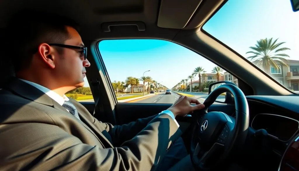 A professional driver focused on safety, seated behind the wheel of a modern vehicle, wearing a smart business suit. In the foreground, a pair of hands gripping the steering wheel firmly. In the middle ground, a well-maintained street in Jumeirah Village Circle, lined with palm trees and residential buildings, reflecting a serene suburban atmosphere. The background shows clear blue skies and soft sunlight illuminating the scene, creating a sense of calm and responsibility. The angle is slightly from the driver's side, enhancing the role of the driver in ensuring safety on the road. The overall mood is focused, professional, and conveys a commitment to safe driving practices. A professional driver focused on safety, seated behind the wheel of a modern vehicle, wearing a smart business suit. In the foreground, a pair of hands gripping the steering wheel firmly. In the middle ground, a well-maintained street in Jumeirah Village Circle, lined with palm trees and residential buildings, reflecting a serene suburban atmosphere. The background shows clear blue skies and soft sunlight illuminating the scene, creating a sense of calm and responsibility. The angle is slightly from the driver's side, enhancing the role of the driver in ensuring safety on the road. The overall mood is focused, professional, and conveys a commitment to safe driving practices.
