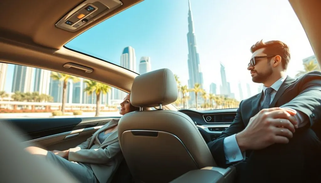 A luxurious scene depicting the convenience of hiring a personal driver in Dubai. In the foreground, a well-dressed female passenger, wearing stylish business attire, relaxes in the plush interior of a high-end sedan, reclining in comfort. In the middle ground, a professional male driver in a sharp suit is seen in profile, focused on the road as he navigates through Dubai’s iconic skyline. The background showcases the stunning Burj Khalifa and other skyscrapers under a bright blue sky, with palm trees lining the street. Soft, natural lighting enhances the vibrant colors of the scene, capturing the luxury and ease of having a personal driver. The mood is relaxed and sophisticated, emphasizing the benefits of convenience and comfort. A luxurious scene depicting the convenience of hiring a personal driver in Dubai. In the foreground, a well-dressed female passenger, wearing stylish business attire, relaxes in the plush interior of a high-end sedan, reclining in comfort. In the middle ground, a professional male driver in a sharp suit is seen in profile, focused on the road as he navigates through Dubai’s iconic skyline. The background showcases the stunning Burj Khalifa and other skyscrapers under a bright blue sky, with palm trees lining the street. Soft, natural lighting enhances the vibrant colors of the scene, capturing the luxury and ease of having a personal driver. The mood is relaxed and sophisticated, emphasizing the benefits of convenience and comfort.