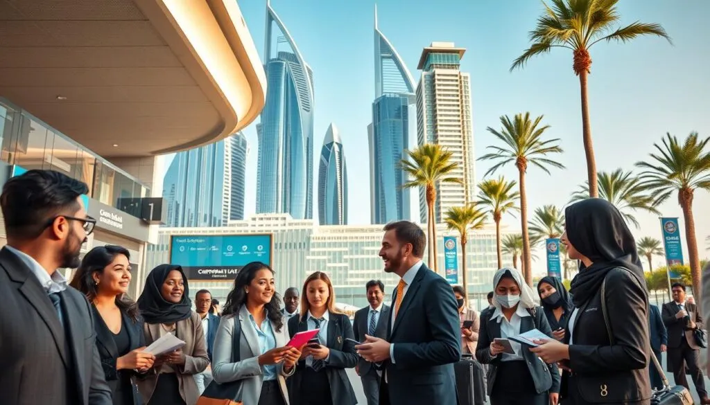 A bustling business traveler scene in the UAE, emphasizing the efficiency of corporate travel between Dubai and Sharjah. In the foreground, a group of diverse professionals in smart business attire, engaging in discussions while holding travel documents and smartphones. The middle layer features a modern airport backdrop with sleek architecture, showcasing terminal workers assisting passengers and business lounges. The background captures iconic Dubai skyscrapers seamlessly blending with traditional UAE motifs, colorful banners announcing corporate events, and palm trees swaying under a clear blue sky. Soft, warm lighting sets a welcoming and optimistic atmosphere, while an angle capturing both close-ups and wide views enhances the sense of dynamism and professionalism in the corporate travel experience. A bustling business traveler scene in the UAE, emphasizing the efficiency of corporate travel between Dubai and Sharjah. In the foreground, a group of diverse professionals in smart business attire, engaging in discussions while holding travel documents and smartphones. The middle layer features a modern airport backdrop with sleek architecture, showcasing terminal workers assisting passengers and business lounges. The background captures iconic Dubai skyscrapers seamlessly blending with traditional UAE motifs, colorful banners announcing corporate events, and palm trees swaying under a clear blue sky. Soft, warm lighting sets a welcoming and optimistic atmosphere, while an angle capturing both close-ups and wide views enhances the sense of dynamism and professionalism in the corporate travel experience.