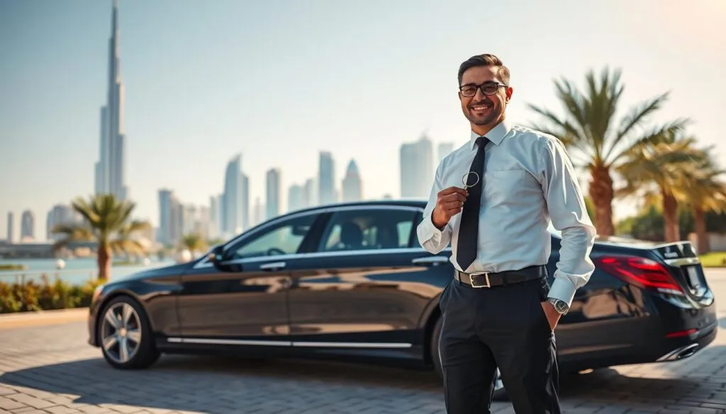 A professional personal driver standing beside a luxurious black sedan in a modern Dubai setting. The driver, a middle-aged South Asian man dressed in a crisp white dress shirt, black trousers, and a stylish tie, is smiling and holding car keys. In the background, iconic Dubai skyscrapers like the Burj Khalifa and the Dubai Marina skyline are visible under a clear blue sky, showcasing a sunny day. Soft sunlight casts gentle shadows, creating a warm atmosphere. The foreground includes a neatly paved driveway with palm trees lining the sides, enhancing the sophisticated ambiance. Capture the scene with a slight depth of field effect to emphasize the driver and vehicle while maintaining a vibrant city backdrop.