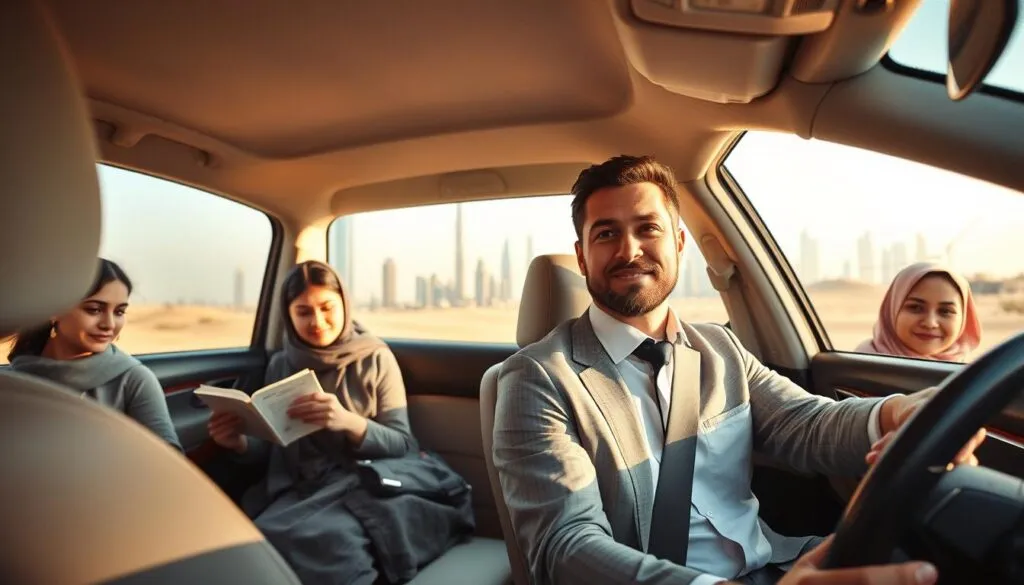 A serene scene depicting a daily commute in Dubai to Sharjah. In the foreground, a professional driver, dressed in smart business attire, is seated in a modern, comfortable car, holding the steering wheel with a focused yet relaxed expression. The middle ground features a diverse group of passengers in modest casual clothing, enjoying the ride; one reading a book, another gazing out the window. The background showcases the iconic skyline of Dubai juxtaposed against the desert, with soft, warm sunlight illuminating the scene, creating an inviting atmosphere. The angle captures the interior of the car with a slight focus on the large panoramic window, enhancing the feeling of comfort and ease during the commute. The overall mood is tranquil yet vibrant, embodying the benefits of a serene, professional commuting experience. A serene scene depicting a daily commute in Dubai to Sharjah. In the foreground, a professional driver, dressed in smart business attire, is seated in a modern, comfortable car, holding the steering wheel with a focused yet relaxed expression. The middle ground features a diverse group of passengers in modest casual clothing, enjoying the ride; one reading a book, another gazing out the window. The background showcases the iconic skyline of Dubai juxtaposed against the desert, with soft, warm sunlight illuminating the scene, creating an inviting atmosphere. The angle captures the interior of the car with a slight focus on the large panoramic window, enhancing the feeling of comfort and ease during the commute. The overall mood is tranquil yet vibrant, embodying the benefits of a serene, professional commuting experience.