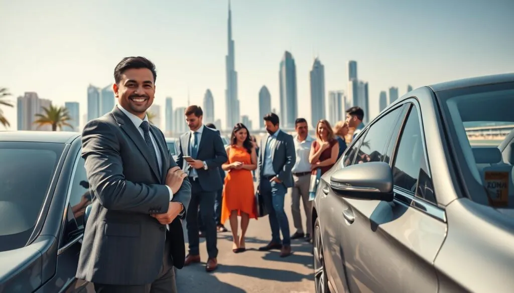 A bustling scene depicting safe driver services in Dubai. In the foreground, a professional driver in business attire stands next to a sleek luxury car, offering a welcoming smile, emphasizing customer service. The middle ground showcases a diverse group of clients, dressed in smart casual attire, interacting with drivers and discussing routes, creating a sense of community. In the background, iconic Dubai skyscrapers rise against a clear blue sky, symbolizing the city's modernity and safety. Soft, warm lighting enhances the atmosphere, suggesting a friendly and secure environment. The angle is slightly elevated, capturing the dynamic exchange and making the viewer feel part of this vibrant, safe driving experience. A bustling scene depicting safe driver services in Dubai. In the foreground, a professional driver in business attire stands next to a sleek luxury car, offering a welcoming smile, emphasizing customer service. The middle ground showcases a diverse group of clients, dressed in smart casual attire, interacting with drivers and discussing routes, creating a sense of community. In the background, iconic Dubai skyscrapers rise against a clear blue sky, symbolizing the city's modernity and safety. Soft, warm lighting enhances the atmosphere, suggesting a friendly and secure environment. The angle is slightly elevated, capturing the dynamic exchange and making the viewer feel part of this vibrant, safe driving experience.