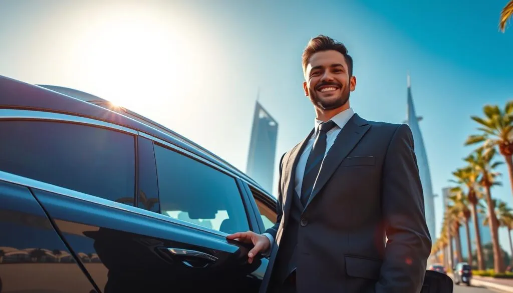 A professional private driver in Dubai, wearing a sharp suit, standing next to a luxurious black sedan. The foreground features the driver smiling confidently, holding the car door open. In the middle ground, a picturesque Dubai skyline with iconic buildings like the Burj Khalifa and the Burj Al Arab under a bright blue sky. The sun casts soft, warm light, creating a welcoming ambiance. The background includes palm trees and hints of bustling city life, evoking a sense of luxury and adventure. The scene is shot from a low angle, emphasizing the grandeur of both the driver and the city. The overall mood is vibrant and elegant, embodying the allure of exploring Dubai's attractions with a private driver. A professional private driver in Dubai, wearing a sharp suit, standing next to a luxurious black sedan. The foreground features the driver smiling confidently, holding the car door open. In the middle ground, a picturesque Dubai skyline with iconic buildings like the Burj Khalifa and the Burj Al Arab under a bright blue sky. The sun casts soft, warm light, creating a welcoming ambiance. The background includes palm trees and hints of bustling city life, evoking a sense of luxury and adventure. The scene is shot from a low angle, emphasizing the grandeur of both the driver and the city. The overall mood is vibrant and elegant, embodying the allure of exploring Dubai's attractions with a private driver.