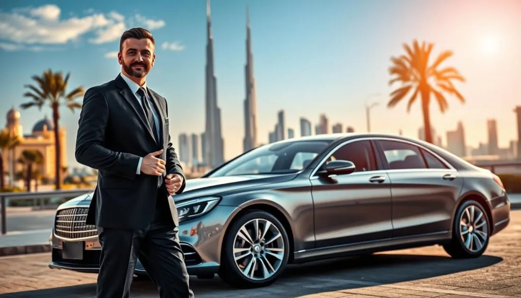 A professional chauffeur standing next to a sleek luxury vehicle in a high-end Dubai setting, showcasing the essence of a premium chauffeur service. The foreground features the chauffeur in a tailored black suit, holding the car door open with a welcoming gesture. In the middle ground, a modern luxury sedan gleams under the warm, golden sunlight illuminating the Dubai skyline. The background displays iconic landmarks such as the Burj Khalifa and the vibrant cityscape, with palm trees swaying gently in the breeze. The atmosphere is sophisticated and inviting, capturing the essence of reliability and safety in transportation. The image is well-lit, emphasizing the shiny vehicle and the chauffeur's professional demeanor, with a shallow depth of field to focus on the subjects.