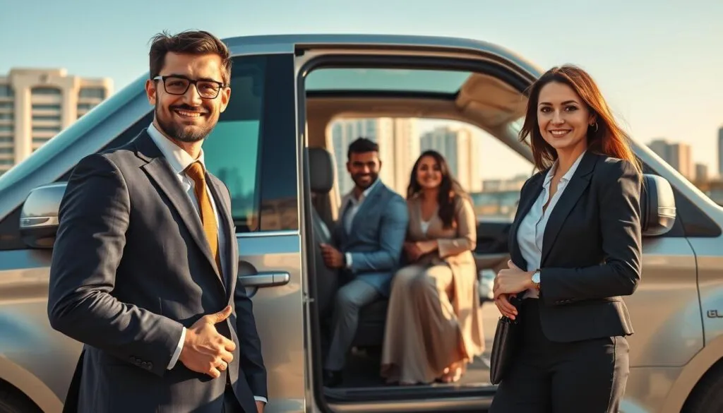 A serene and professional depiction of safe driver services in Jebel Ali. The foreground features a well-dressed male and female driver in smart business attire, standing next to a sleek, modern vehicle with a prominent logo indicating a trusted driving service. In the middle ground, there are a few satisfied passengers entering and exiting the vehicle, all smiling and appearing relaxed. The background showcases a clean urban environment of Jebel Ali, with modern buildings under a clear blue sky. Soft morning sunlight bathes the scene, creating a welcoming and trustworthy atmosphere. Capture the moment from a slightly elevated angle to highlight the interaction between the drivers and passengers while emphasizing the professionalism of the service. A serene and professional depiction of safe driver services in Jebel Ali. The foreground features a well-dressed male and female driver in smart business attire, standing next to a sleek, modern vehicle with a prominent logo indicating a trusted driving service. In the middle ground, there are a few satisfied passengers entering and exiting the vehicle, all smiling and appearing relaxed. The background showcases a clean urban environment of Jebel Ali, with modern buildings under a clear blue sky. Soft morning sunlight bathes the scene, creating a welcoming and trustworthy atmosphere. Capture the moment from a slightly elevated angle to highlight the interaction between the drivers and passengers while emphasizing the professionalism of the service.