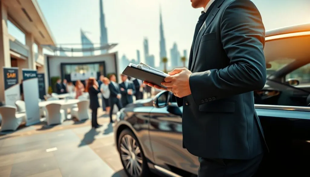 A professional driver in a sleek black uniform stands confidently next to an elegant luxury vehicle in a bustling event setting. In the foreground, the driver adjusts a neatly organized clipboard, emphasizing attention to detail and readiness. The middle ground features a vibrant event venue with sophisticated decor, such as banners and carefully arranged seating, bustling with professionally dressed attendees engaged in conversation and networking. The background showcases Dubai's iconic skyline under a clear blue sky, hinting at the city’s modernity and luxury. Soft sunlight casts a warm glow over the scene, creating a welcoming and dynamic atmosphere, highlighting the essential role of professional drivers in ensuring a seamless event experience. The image is captured from a slight low-angle perspective to emphasize the stature of the driver and event sophistication.