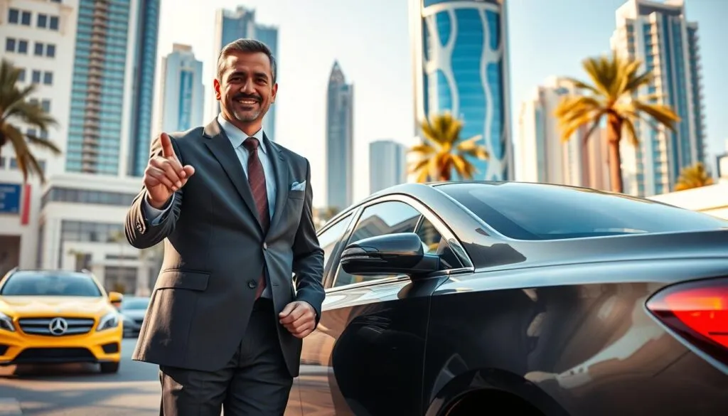 In a bustling Dubai street, a professional driver in neat business attire stands beside a sleek luxury sedan, showcasing a trusted driver service. The driver, a middle-aged Middle Eastern man with a friendly smile, holds a set of car keys in one hand while the other gestures invitingly towards the vehicle. In the foreground, the polished sedan gleams under soft, warm sunlight, reflecting the city's vibrant atmosphere. In the middle ground, a backdrop of modern skyscrapers and palm trees highlights Dubai's skyline, while an azure sky complements the scene. The overall mood is welcoming and secure, emphasizing professionalism and reliability in transportation services. The image is shot from a slightly elevated angle, capturing both the driver and the vehicle prominently. In a bustling Dubai street, a professional driver in neat business attire stands beside a sleek luxury sedan, showcasing a trusted driver service. The driver, a middle-aged Middle Eastern man with a friendly smile, holds a set of car keys in one hand while the other gestures invitingly towards the vehicle. In the foreground, the polished sedan gleams under soft, warm sunlight, reflecting the city's vibrant atmosphere. In the middle ground, a backdrop of modern skyscrapers and palm trees highlights Dubai's skyline, while an azure sky complements the scene. The overall mood is welcoming and secure, emphasizing professionalism and reliability in transportation services. The image is shot from a slightly elevated angle, capturing both the driver and the vehicle prominently.