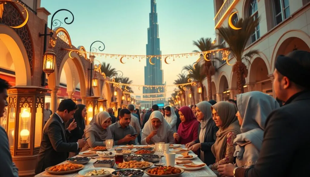 A vibrant scene of Ramadan in Dubai, showcasing a bustling street during Iftar. In the foreground, a diverse group of people in professional business attire and modest casual clothing gather around a large table laden with traditional dishes like dates, lentil soup, and Arabic coffee, sharing the evening meal. The middle ground features beautifully lit lanterns and decorative arches adorned with crescent moons, creating a warm, inviting atmosphere. In the background, the iconic Burj Khalifa stands tall against a dusk sky, illuminated with soft golden lights. The entire scene is bathed in a gentle, glowing light, capturing the essence of community and celebration during Ramadan, evoking feelings of respect, unity, and joy. A vibrant scene of Ramadan in Dubai, showcasing a bustling street during Iftar. In the foreground, a diverse group of people in professional business attire and modest casual clothing gather around a large table laden with traditional dishes like dates, lentil soup, and Arabic coffee, sharing the evening meal. The middle ground features beautifully lit lanterns and decorative arches adorned with crescent moons, creating a warm, inviting atmosphere. In the background, the iconic Burj Khalifa stands tall against a dusk sky, illuminated with soft golden lights. The entire scene is bathed in a gentle, glowing light, capturing the essence of community and celebration during Ramadan, evoking feelings of respect, unity, and joy.