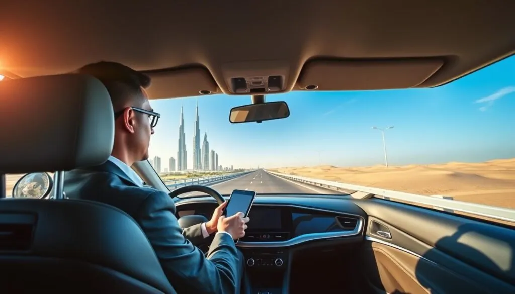 A professional driver in a sleek, modern vehicle is parked on a bustling highway connecting Dubai to Sharjah, symbolizing reliability and trust. The foreground features the driver's confident posture, wearing smart business attire, as he reviews transfer schedules on a tablet. In the middle ground, depict iconic Dubai skyscrapers and the road leading towards Sharjah, showcasing a clear, blue sky with soft sunlight illuminating the scene. The background highlights distant sand dunes, evoking a sense of journey and destination. The overall atmosphere is one of professionalism and efficiency, with vibrant yet calm colors. Use a wide-angle lens perspective to create a dynamic view, capturing the essence of reliable transportation services in the UAE landscape. A professional driver in a sleek, modern vehicle is parked on a bustling highway connecting Dubai to Sharjah, symbolizing reliability and trust. The foreground features the driver's confident posture, wearing smart business attire, as he reviews transfer schedules on a tablet. In the middle ground, depict iconic Dubai skyscrapers and the road leading towards Sharjah, showcasing a clear, blue sky with soft sunlight illuminating the scene. The background highlights distant sand dunes, evoking a sense of journey and destination. The overall atmosphere is one of professionalism and efficiency, with vibrant yet calm colors. Use a wide-angle lens perspective to create a dynamic view, capturing the essence of reliable transportation services in the UAE landscape.