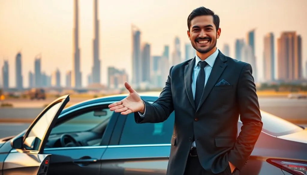 A serene and inviting scene depicting a trusted driver service in Dubai, showcasing a professional driver in a smart business suit, standing next to a luxury vehicle with the iconic skyline of Dubai in the background. In the foreground, the driver is smiling and extending a welcoming hand, portraying reliability and trustworthiness. The background features famous landmarks like the Burj Khalifa and the vibrant cityscape, bathed in warm, golden sunlight during a late afternoon, creating a calm and peaceful atmosphere. Use a slightly blurred effect on the background to emphasize the driver and the vehicle in sharp focus, capturing a sense of safety and comfort in transportation. The overall mood should be optimistic and reassuring, reflecting peace of mind in transportation services. A serene and inviting scene depicting a trusted driver service in Dubai, showcasing a professional driver in a smart business suit, standing next to a luxury vehicle with the iconic skyline of Dubai in the background. In the foreground, the driver is smiling and extending a welcoming hand, portraying reliability and trustworthiness. The background features famous landmarks like the Burj Khalifa and the vibrant cityscape, bathed in warm, golden sunlight during a late afternoon, creating a calm and peaceful atmosphere. Use a slightly blurred effect on the background to emphasize the driver and the vehicle in sharp focus, capturing a sense of safety and comfort in transportation. The overall mood should be optimistic and reassuring, reflecting peace of mind in transportation services.