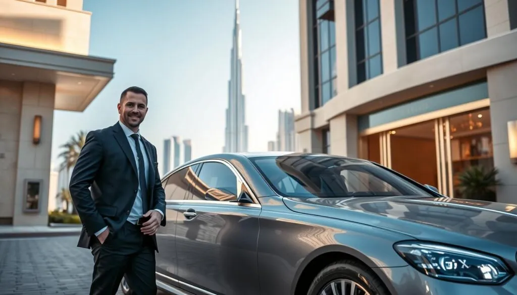A luxurious private car with a sleek design is parked outside a high-end hotel in Dubai, showcasing the opulence of private hotel transfers. In the foreground, a well-dressed chauffeur stands next to the vehicle, wearing a sharp suit and a welcoming smile. The middle features the hotel’s grand entrance, embellished with modern architectural elements like large glass doors and elegant lighting. In the background, the iconic Dubai skyline can be seen under a clear blue sky, with the Burj Khalifa towering majestically. Soft, natural lighting enhances the scene, creating a warm, inviting atmosphere. The overall mood is one of sophistication and comfort, emphasizing a seamless travel experience.