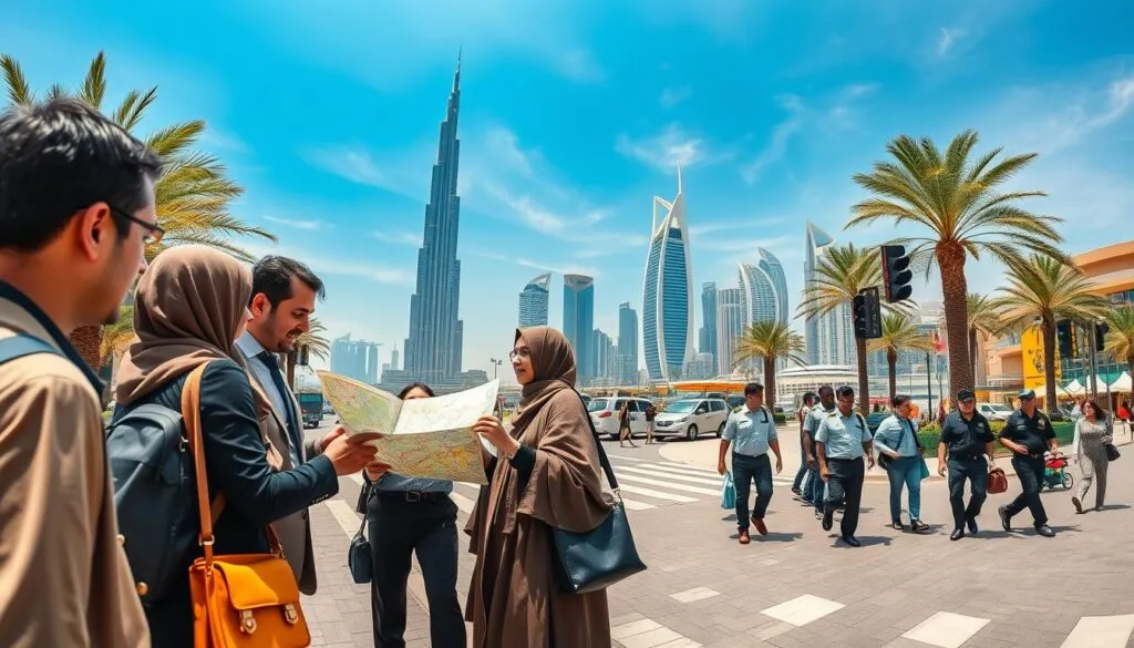 A panoramic view of a safe and comfortable travel experience in Dubai. In the foreground, a diverse group of travelers, dressed in professional business attire and modest casual clothing, consult a detailed map at a well-marked intersection. The middle ground features iconic Dubai landmarks, like the Burj Khalifa and the Palm Jumeirah, under a bright blue sky with wispy clouds. Pedestrians walk calmly on well-maintained walkways, while friendly local law enforcement officers assist visitors nearby. In the background, the bustling cityscape is accentuated by contemporary architecture and palm trees, creating a vibrant and inviting atmosphere. The scene is bathed in warm, natural sunlight, evoking a sense of safety and comfort perfect for a vacation. A panoramic view of a safe and comfortable travel experience in Dubai. In the foreground, a diverse group of travelers, dressed in professional business attire and modest casual clothing, consult a detailed map at a well-marked intersection. The middle ground features iconic Dubai landmarks, like the Burj Khalifa and the Palm Jumeirah, under a bright blue sky with wispy clouds. Pedestrians walk calmly on well-maintained walkways, while friendly local law enforcement officers assist visitors nearby. In the background, the bustling cityscape is accentuated by contemporary architecture and palm trees, creating a vibrant and inviting atmosphere. The scene is bathed in warm, natural sunlight, evoking a sense of safety and comfort perfect for a vacation.