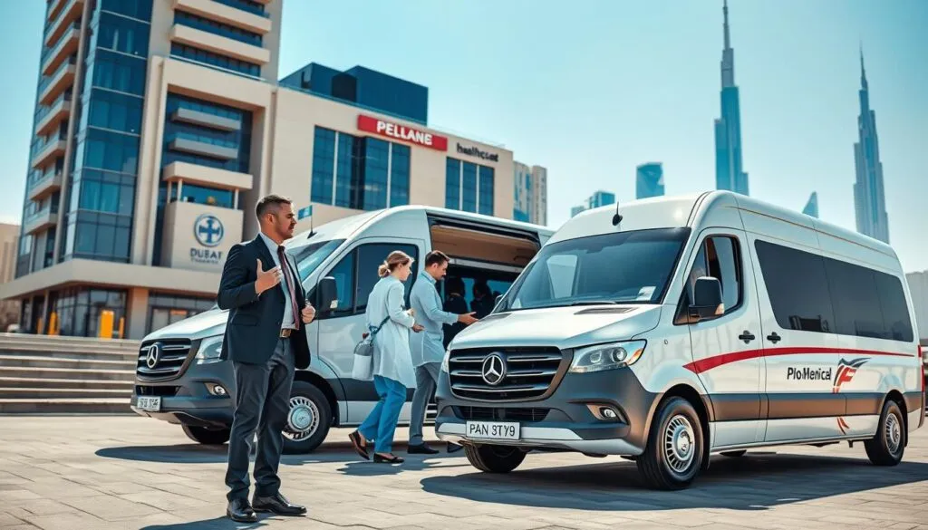 A modern healthcare transportation service in Dubai, featuring a sleek, well-branded vehicle parked outside a high-rise hospital. In the foreground, a professional driver in business attire stands beside the vehicle, ready to assist a passenger. The middle ground shows a couple of medical staff in scrubs engaging with a patient being escorted to the transport. In the background, the iconic Dubai skyline with its unique architecture and a clear blue sky creates a sense of location. The scene is illuminated by bright, natural sunlight, casting soft shadows that enhance the professional atmosphere. The mood should feel secure, trustworthy, and efficient, reflecting the commitment to reliable medical transportation services. A modern healthcare transportation service in Dubai, featuring a sleek, well-branded vehicle parked outside a high-rise hospital. In the foreground, a professional driver in business attire stands beside the vehicle, ready to assist a passenger. The middle ground shows a couple of medical staff in scrubs engaging with a patient being escorted to the transport. In the background, the iconic Dubai skyline with its unique architecture and a clear blue sky creates a sense of location. The scene is illuminated by bright, natural sunlight, casting soft shadows that enhance the professional atmosphere. The mood should feel secure, trustworthy, and efficient, reflecting the commitment to reliable medical transportation services.