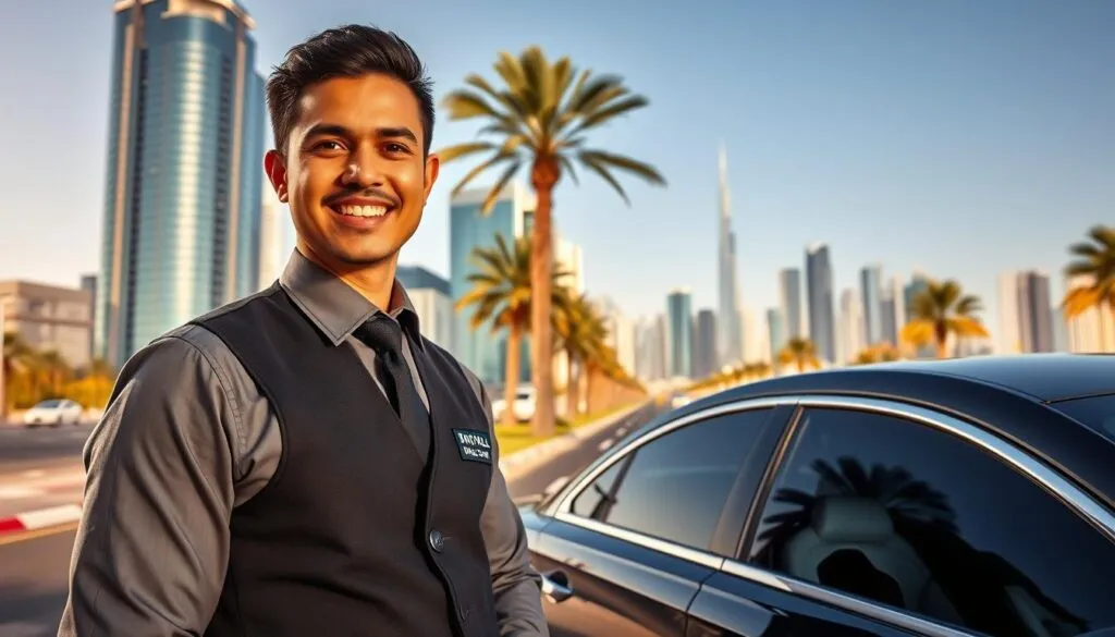 A professional driver in a smart uniform, standing beside a sleek luxury vehicle in the vibrant Dubai Media City. In the foreground, the driver exudes confidence with a warm smile, highlighting professionalism. The middle ground features a well-maintained road and modern skyscrapers of Dubai Media City, reflecting a bustling urban environment. In the background, the iconic skyline glistens under a clear blue sky, with palm trees swaying gently, adding a hint of relaxation amidst the city's fast pace. The lighting is bright and inviting, capturing the essence of a sun-drenched afternoon. The mood is one of safety and reliability, emphasizing the quality of driver services offered in this metropolitan hub.