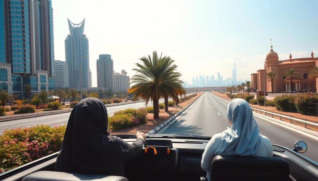 A scenic view of the Dubai to Sharjah route, showcasing a well-maintained highway flanked by modern skyscrapers and traditional Arabic architecture. In the foreground, a family in modest casual clothing enjoys the view from a comfortable car, highlighting the family travel theme. The middle ground features palm trees and flowering shrubs, adding a touch of greenery against the urban backdrop. The background exhibits a clear blue sky, with soft clouds and the distant silhouette of Sharjah’s skyline. The lighting is warm and inviting, reminiscent of golden hour, enhancing the tranquil and adventurous atmosphere. Use a wide-angle lens to capture the expanse of the landscape and provide depth, conveying an exciting yet approachable journey for families. A scenic view of the Dubai to Sharjah route, showcasing a well-maintained highway flanked by modern skyscrapers and traditional Arabic architecture. In the foreground, a family in modest casual clothing enjoys the view from a comfortable car, highlighting the family travel theme. The middle ground features palm trees and flowering shrubs, adding a touch of greenery against the urban backdrop. The background exhibits a clear blue sky, with soft clouds and the distant silhouette of Sharjah’s skyline. The lighting is warm and inviting, reminiscent of golden hour, enhancing the tranquil and adventurous atmosphere. Use a wide-angle lens to capture the expanse of the landscape and provide depth, conveying an exciting yet approachable journey for families.