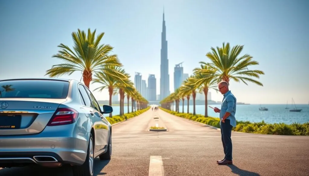 A well-maintained, luxury vehicle parked in a scenic location on Palm Jumeirah, surrounded by palm trees and blue skies, illustrating the concept of safe driving services. In the foreground, a professional driver in business attire stands beside the car, checking a driving safety checklist. In the middle ground, a clear roadway lined with vibrant greenery leads towards the iconic skyline of Dubai, showcasing high-rise buildings in soft focus, symbolizing the urban environment. The background features the calm sea under bright sunlight, enhancing the tranquil atmosphere. Capture this scene with warm, natural lighting and a slightly elevated angle to convey a sense of safety and professionalism in driving services. The overall mood should evoke confidence and serenity.