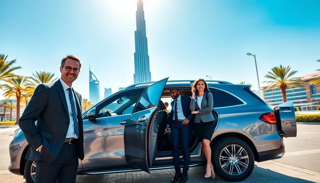 A stylish, luxurious SUV parked in front of a stunning Dubai attraction, reflecting the modern skyline. In the foreground, a professionally dressed driver in a crisp suit stands beside the vehicle, offering a warm smile and open door, signaling personalized service. In the middle ground, a tourist family, dressed in smart-casual attire, is happily engaging with the driver, appearing excited about their day ahead. The background showcases the iconic Burj Khalifa towering majestically against a clear blue sky, with palm trees lining the scenic boulevard beneath the shining sun. Capture this moment in bright, natural lighting to convey a welcoming and vibrant atmosphere, framed at a slight angle to emphasize the grandeur of the Dubai landscape. A stylish, luxurious SUV parked in front of a stunning Dubai attraction, reflecting the modern skyline. In the foreground, a professionally dressed driver in a crisp suit stands beside the vehicle, offering a warm smile and open door, signaling personalized service. In the middle ground, a tourist family, dressed in smart-casual attire, is happily engaging with the driver, appearing excited about their day ahead. The background showcases the iconic Burj Khalifa towering majestically against a clear blue sky, with palm trees lining the scenic boulevard beneath the shining sun. Capture this moment in bright, natural lighting to convey a welcoming and vibrant atmosphere, framed at a slight angle to emphasize the grandeur of the Dubai landscape.