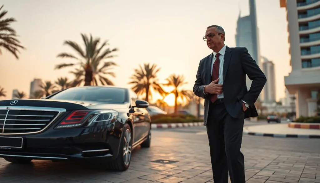A luxurious chauffeur service scene in the UAE, featuring an elegant black Mercedes-Benz S-Class parked in front of a high-end hotel. In the foreground, a professionally dressed chauffeur stands by the car, holding the door open for a distinguished passenger in business attire. The middle ground showcases palm trees and modern architecture of Dubai, with a hint of the Abu Dhabi skyline in the background. Soft golden hour lighting casts a warm glow over the scene, enhancing the opulence of the setting. The atmosphere is calm and inviting, reflecting comfort and sophistication in private travel. Use a wide-angle lens to capture the grandeur of the environment, ensuring no text, logos, or watermarks are present. A luxurious chauffeur service scene in the UAE, featuring an elegant black Mercedes-Benz S-Class parked in front of a high-end hotel. In the foreground, a professionally dressed chauffeur stands by the car, holding the door open for a distinguished passenger in business attire. The middle ground showcases palm trees and modern architecture of Dubai, with a hint of the Abu Dhabi skyline in the background. Soft golden hour lighting casts a warm glow over the scene, enhancing the opulence of the setting. The atmosphere is calm and inviting, reflecting comfort and sophistication in private travel. Use a wide-angle lens to capture the grandeur of the environment, ensuring no text, logos, or watermarks are present.