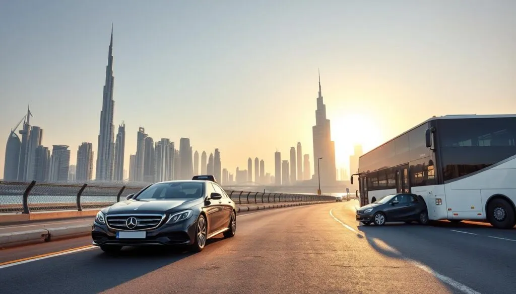 A scenic depiction of transportation options between Dubai and Abu Dhabi. In the foreground, show a modern, sleek luxury car on a well-maintained highway, symbolizing private driver services. To the right, include a stylish bus, emphasizing public transport options, and a small taxi waiting by the roadside. In the middle ground, depict the iconic skyline of Dubai, with modern skyscrapers casting reflections against the evening sun, while Abu Dhabi's distinct architecture rises in the distance. The background features a clear sky with soft, golden lighting, creating a warm, inviting atmosphere. Use a wide-angle lens perspective to capture the vastness of the route and the vibrant surroundings, highlighting both the convenience and beauty of this iconic journey. The scene should convey a sense of professionalism and accessibility.