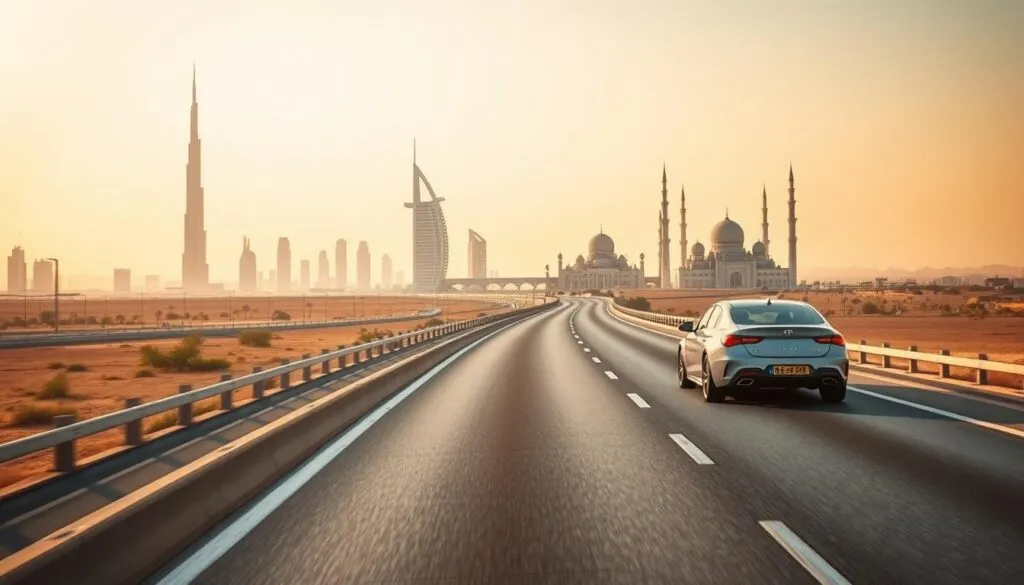A picturesque view of a modern highway connecting Dubai to Abu Dhabi, illustrating the travel journey. In the foreground, a sleek, luxury car driving along the well-maintained road, symbolizing efficient travel. The middle ground features iconic structures of Dubai, like the Burj Khalifa and Palm Jumeirah, transitioning to the vast, arid desert landscapes leading to Abu Dhabi. The background includes the stunning skyline of Abu Dhabi with the Sheikh Zayed Grand Mosque visible. The scene is bathed in warm, golden sunlight, creating a vibrant and inviting atmosphere. The angle is slightly elevated to capture both cities' highlights, emphasizing the effortless connection between them. The mood is optimistic and adventurous, perfect for travel enthusiasts.
