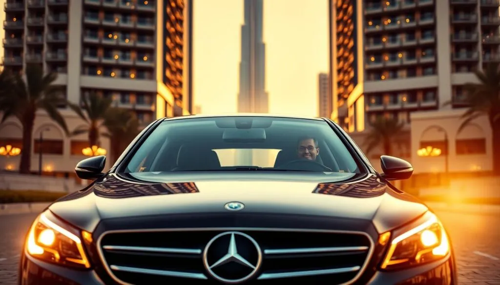 A dynamic scene of a professional driver in a sleek, modern sedan parked in front of a luxurious Dubai hotel, showcasing the essence of reliable driving services. The driver, wearing a crisp business suit, is smiling and ready to assist, with a prominent view of iconic Dubai architecture in the background, including the Burj Khalifa. The composition should capture a warm and welcoming atmosphere, with soft, golden sunset lighting illuminating the scene, creating a sense of safety and comfort. A slight angle from the front of the car to emphasize the driver's engagement and the elegance of the setting. The overall mood should convey trust and professionalism, making it clear that this service is both affordable and dependable. A dynamic scene of a professional driver in a sleek, modern sedan parked in front of a luxurious Dubai hotel, showcasing the essence of reliable driving services. The driver, wearing a crisp business suit, is smiling and ready to assist, with a prominent view of iconic Dubai architecture in the background, including the Burj Khalifa. The composition should capture a warm and welcoming atmosphere, with soft, golden sunset lighting illuminating the scene, creating a sense of safety and comfort. A slight angle from the front of the car to emphasize the driver's engagement and the elegance of the setting. The overall mood should convey trust and professionalism, making it clear that this service is both affordable and dependable.