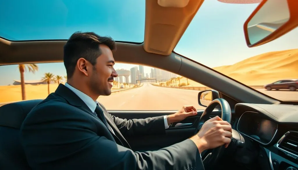 A professional driver in a smart business suit, sitting behind the wheel of a luxurious black sedan, beams with confidence as they navigate the stunning highway connecting Dubai to Abu Dhabi. In the foreground, the driver’s focused expression can be seen, showcasing professionalism and expertise. In the middle ground, the sleek car drives along a well-maintained road lined with palm trees and modern architecture. The backdrop features the iconic skyline of Dubai, with futuristic skyscrapers and desert dunes under a clear blue sky. The lighting is bright and warm, capturing the essence of a sunny day in the UAE. The overall mood is one of seamless travel and luxury, representing a top-notch driver service experience. A professional driver in a smart business suit, sitting behind the wheel of a luxurious black sedan, beams with confidence as they navigate the stunning highway connecting Dubai to Abu Dhabi. In the foreground, the driver’s focused expression can be seen, showcasing professionalism and expertise. In the middle ground, the sleek car drives along a well-maintained road lined with palm trees and modern architecture. The backdrop features the iconic skyline of Dubai, with futuristic skyscrapers and desert dunes under a clear blue sky. The lighting is bright and warm, capturing the essence of a sunny day in the UAE. The overall mood is one of seamless travel and luxury, representing a top-notch driver service experience.