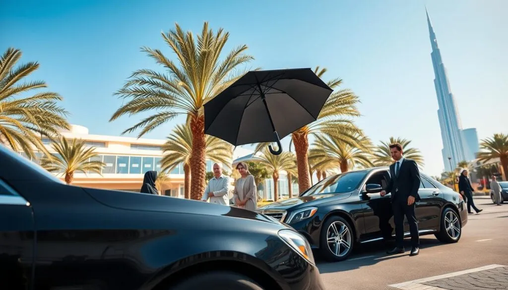 A luxurious hotel chauffeur service scene set in Dubai. In the foreground, a polished black luxury sedan is parked, with a professional chauffeur in a crisp black suit and tie standing beside it, holding an umbrella. In the middle ground, the stunning architecture of a high-end hotel glimmers in the sunlight, showcasing modern design with glass facades. Towering palm trees frame the scene, while wealthy guests, dressed in fashionable yet modest attire, are seen being assisted by the chauffeur. The background features a clear blue sky, with the iconic Burj Khalifa faintly visible in the distance. The lighting is bright and vibrant, emphasizing a sense of elegance and comfort. The mood conveys luxury, professionalism, and the ultimate hospitality experience. A luxurious hotel chauffeur service scene set in Dubai. In the foreground, a polished black luxury sedan is parked, with a professional chauffeur in a crisp black suit and tie standing beside it, holding an umbrella. In the middle ground, the stunning architecture of a high-end hotel glimmers in the sunlight, showcasing modern design with glass facades. Towering palm trees frame the scene, while wealthy guests, dressed in fashionable yet modest attire, are seen being assisted by the chauffeur. The background features a clear blue sky, with the iconic Burj Khalifa faintly visible in the distance. The lighting is bright and vibrant, emphasizing a sense of elegance and comfort. The mood conveys luxury, professionalism, and the ultimate hospitality experience.