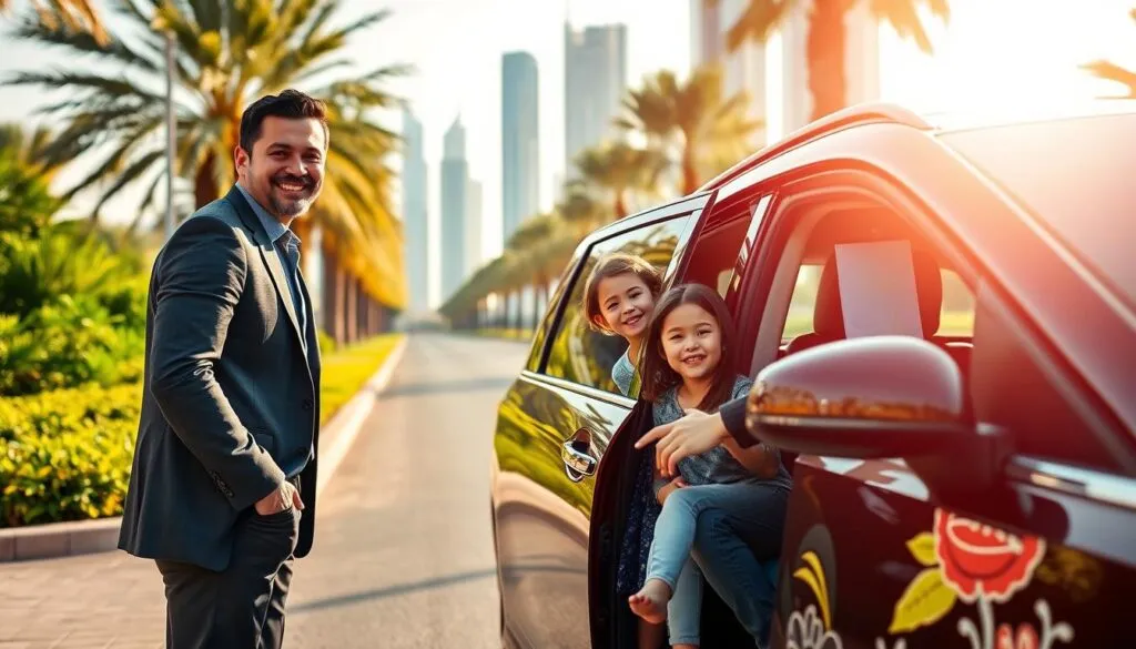A modern family-friendly vehicle parked in a sunlit urban setting in the UAE, with a cheerful, professional driver wearing smart casual attire, ready to assist. In the foreground, the driver is smiling and opening the car door for a family with children, who look excited and comfortable, showcasing the concept of a reliable travel experience. The middle ground features vibrant greenery and palm trees typical of UAE landscapes, with a sunlit road reflecting the bright, welcoming atmosphere. In the background, iconic skyscrapers of Dubai can be seen, hinting at a bustling city life. Soft, warm lighting casts a friendly glow, enhancing the feeling of safety and reliability in this public space. A modern family-friendly vehicle parked in a sunlit urban setting in the UAE, with a cheerful, professional driver wearing smart casual attire, ready to assist. In the foreground, the driver is smiling and opening the car door for a family with children, who look excited and comfortable, showcasing the concept of a reliable travel experience. The middle ground features vibrant greenery and palm trees typical of UAE landscapes, with a sunlit road reflecting the bright, welcoming atmosphere. In the background, iconic skyscrapers of Dubai can be seen, hinting at a bustling city life. Soft, warm lighting casts a friendly glow, enhancing the feeling of safety and reliability in this public space.
